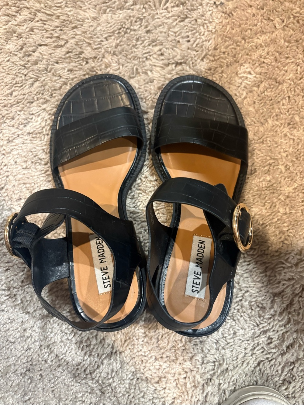 Steve Madden Black Croc-Embossed Sandals with Gold Buckle Size 7.5M